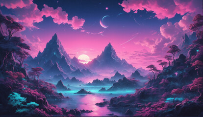 Obraz premium illustration of a landscape with planets, moon and stars