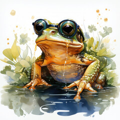 Watercolor frog wearing sunglasses, clipart Illustration, Generative Ai