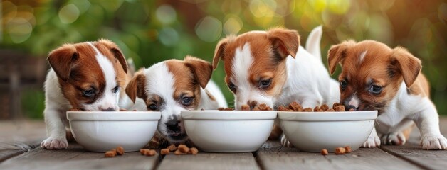 hungry Jack Russell Terrier puppies eagerly devouring food from a bowl, their enthusiasm palpable. - obrazy, fototapety, plakaty