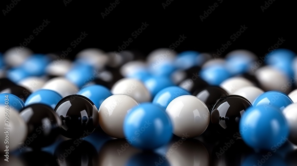 Poster a row of alternating black and white balls with a cluster of blue and white balls in the middle