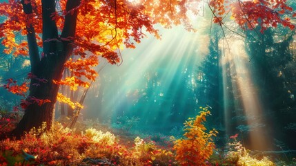 Autumn scenery of nature forest in morning with sun rays through branches trees. AI generated