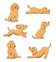 Cartoon dog in various poses, smiling, sitting, dreaming, running, vector illustration