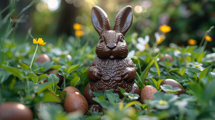 Fototapeta na wymiar Chocolate Bunny With Eggs in Grass