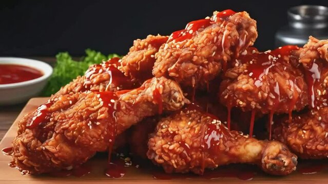 fried korean cripy chicken, crispy fried chicken, fried food, korean Barbq sauce, made with Ai generative technology, stock video, food stock videos, 4k video