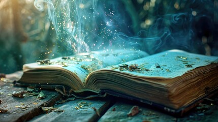 Obraz premium The magical book that turning the multiple glowing glittered page that stay on the wood table that surrounded with the mystery fantasy glowing glittered mist that looks like from dream world. AIGX03.