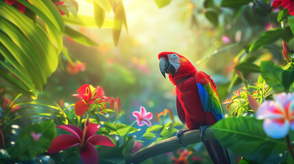 Scarlet Macaws in Lush Tropical Rainforest
