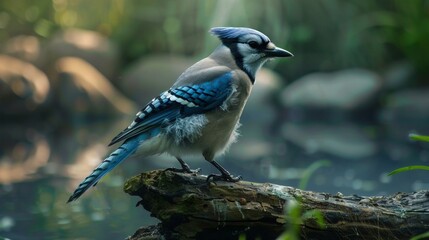 the serene atmosphere of the forest and the striking appearance of the Blue Jay as it sits peacefully on a mossy branch. Generative AI