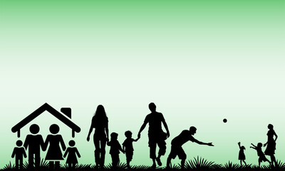 Happy Family Playing Together in Front of Their Green Silhouetted Home - Vector Illustration