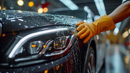 technician applying a paint sealant to a luxury sedan, focusing on the hands-on process and the protective layer being added for a long-lasting, showroom-quality finish