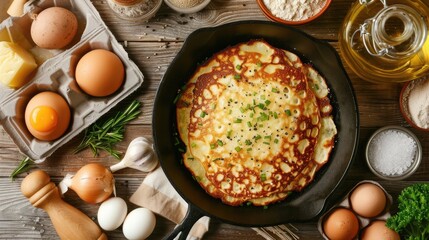 homemade potato pancakes, featuring the key ingredients - potatoes, eggs, flour, onion, garlic, salt, pepper, and vegetable oil - elegantly displayed around the finished dish. - obrazy, fototapety, plakaty