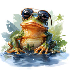 Watercolor frog wearing sunglasses, clipart Illustration, Generative Ai