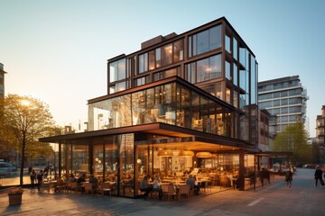 A Modern Glass-Fronted Coffee Shop Nestled in a Bustling Urban Landscape, Illuminated by the Warm Glow of the Setting Sun