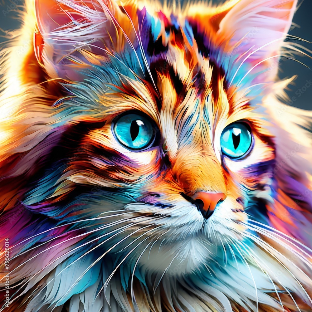 Sticker colorful cat head, digital art, abstract painting.