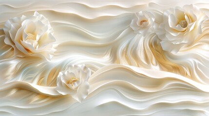   A white flower painted against a pristine white backdrop, featuring gentle wavy lines in the bottom right corner