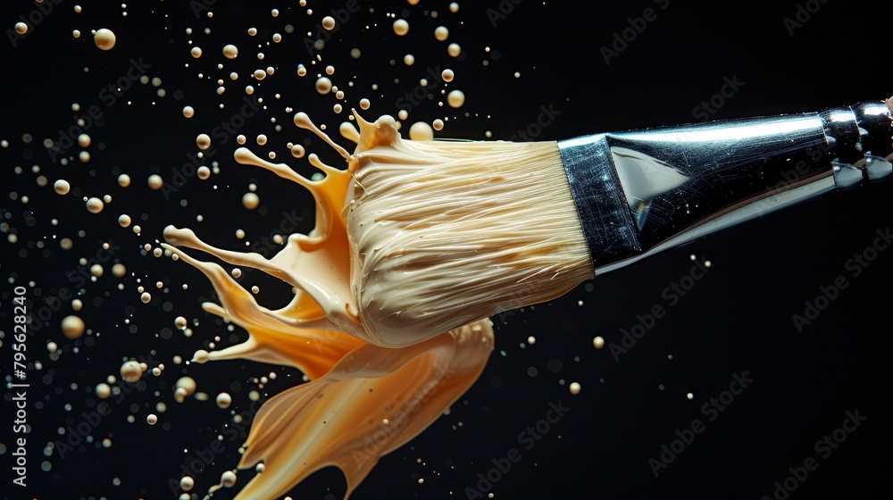 Poster a tight shot of a paintbrush with liquid dripping from its tip and pooling at the base