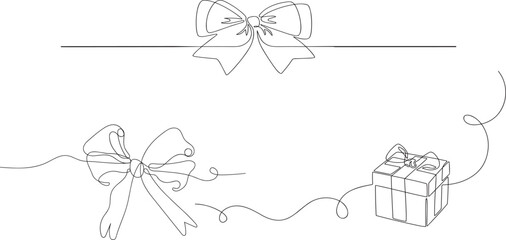 One continuous line drawing of gift ribbon bow. Christmas and birthday present wrap in simple linear style. 