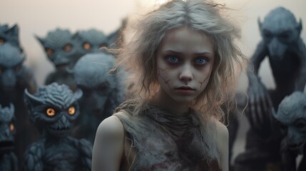 A Lone Girl Stands Surrounded by Menacing Goblins - Bad world destroying the good people concept