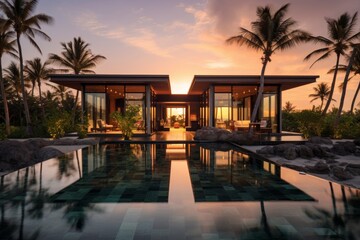 A Majestic Collection of Luxurious Oceanfront Villas Bathed in the Golden Glow of a Setting Sun, Nestled Amidst Lush Tropical Foliage