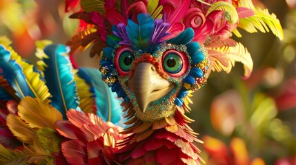   A tight shot of a vibrant bird with hued feathers adorning its head, gripping a bloom in its beak - obrazy, fototapety, plakaty