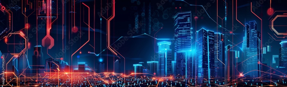 Poster blue background with digital data technology and architecture, banner design tech concept for websit