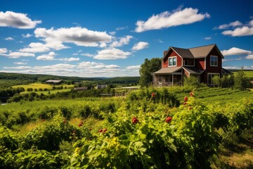 A picturesque view of a hillside berry farm with lush green fields, vibrant red berries, rustic wooden buildings, and a clear blue sky