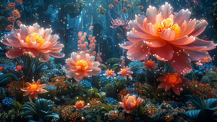 A digital garden blooming with fantastical flowers and plants, each petal and leaf rendered in exquisite detail against a backdrop of shimmering pixels.