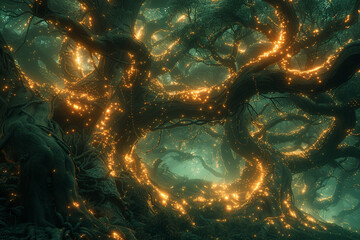 A digital forest of glowing trees and vines, pulsating with energy as if alive with unseen forces.
