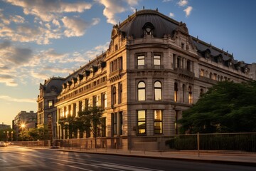 Fototapeta premium The Historic Land Registry Office Building in Downtown, Illuminated by the Setting Sun, Reflecting the Rich Heritage of the City