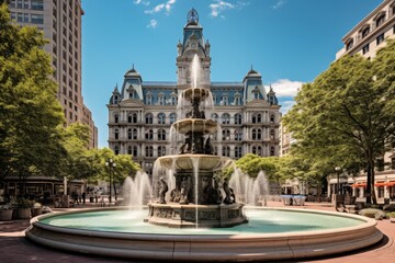 A Vibrant Public Square Bustling with Activity Around a Majestic Water Fountain, Surrounded by...
