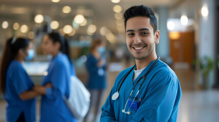 Fototapeta premium A friendly, young healthcare worker, male nurse smiles in a busy hospital environment, radiating positivity and care. 