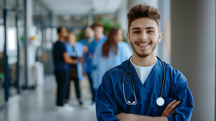 Fototapeta premium A friendly, young healthcare worker, male nurse smiles in a busy hospital environment, radiating positivity and care. 