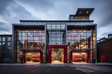 A Vibrant Red Fire Station, Perfectly Maintained with Shiny Garage Doors, Standing Tall in the Heart of a Bustling City