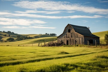 A Rustic Rural Barn with a Weathered Appearance, Surrounded by Lush Green Fields Under a Clear Blue Sky