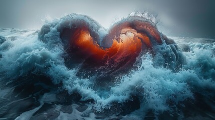 Sea waves shaping a heart pattern at sunset.