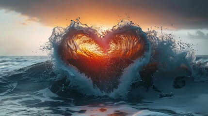Ocean waves shaping a heart pattern at sunset.
