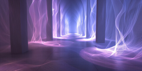 Große Räume und Eingänge mit leuchtenden lila LED Lichter, ai generativ