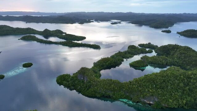 Early morning light illuminates the beautiful limestone islands of Pef in Raja Ampat, Indonesia. This remote, tropical region is known to harbor the world's greatest marine biodiversity.