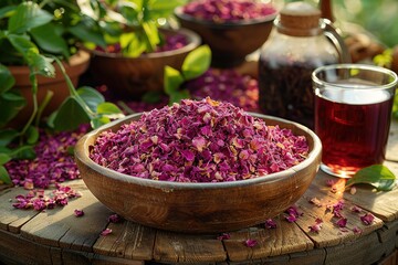 Obraz na płótnie Canvas A bowl of dried rose petals and red chutney placed on top