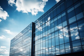 A Modern, Sleek Glass Office Building Reflecting the Brilliant Blue Sky and Fluffy White Clouds on a Sunny Day