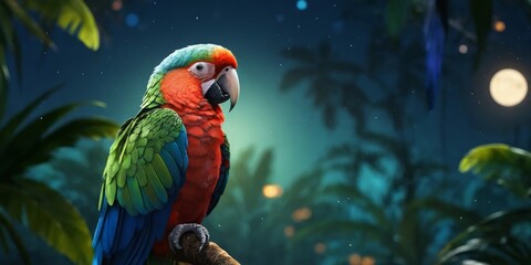 Detailed CG Illustration Of a Parrot Sitting on a Tree In Jungle