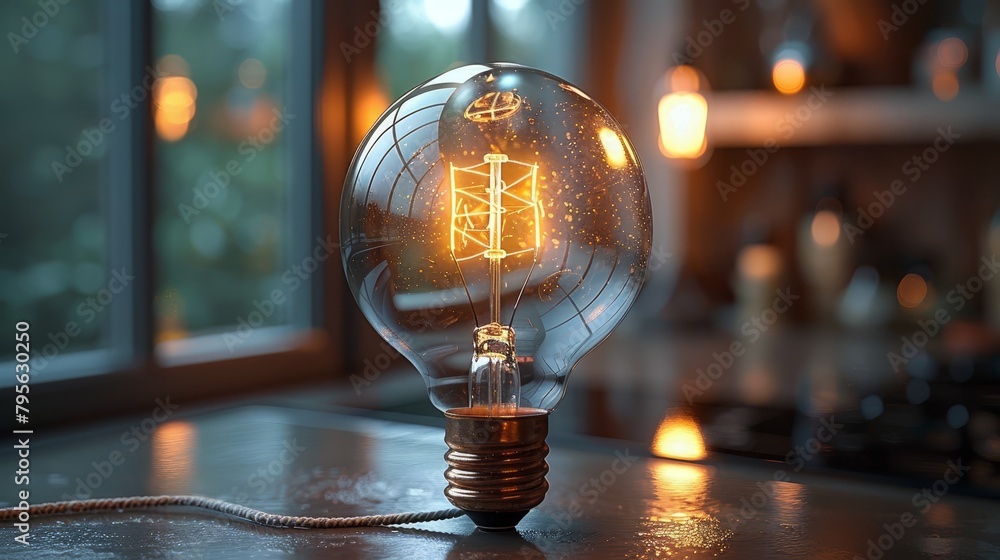 Poster a light bulb displaying a building image sits before a window