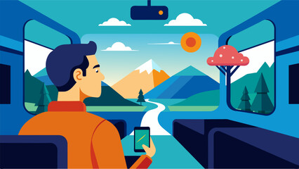 A passenger on a train ride watches the landscape fly by their entertainment system streaming facts and trivia about the areas they pass through.