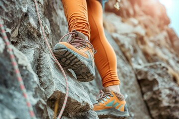Rock climbing shoe on a steep cliff