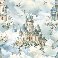 Enchanted Castle in the Clouds with Florals and Doves