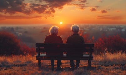 Elderly couple enjoying a beautiful sunset while sitting on a bench.