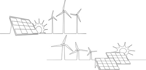 One continuous line drawing of wind turbine and Solar panel with sun. Clean energy in simple linear style.