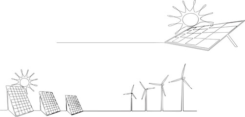 One continuous line drawing of wind turbine and Solar panel with sun. Clean energy in simple linear style.