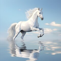 A beautiful amazing white horse runs on the water. Mystical portrait of an elegant stallion. Reflection of a white horse in the water. 3d render