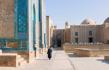 Awesome view of the Shah-i-Zinda Ensemble in Samarkand, Uzbekistan. Mausoleums decorated by blue...