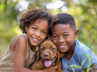 Portrait of an African American boy and girl sitting outdoors hugging their pet dog, looking at the camera and smiling.